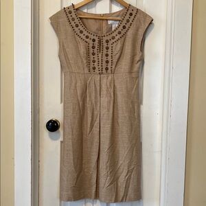 Willow Glen 50% Silk Pleated Mini Dress A-line Tan Beige Wood Beaded Boho Beach